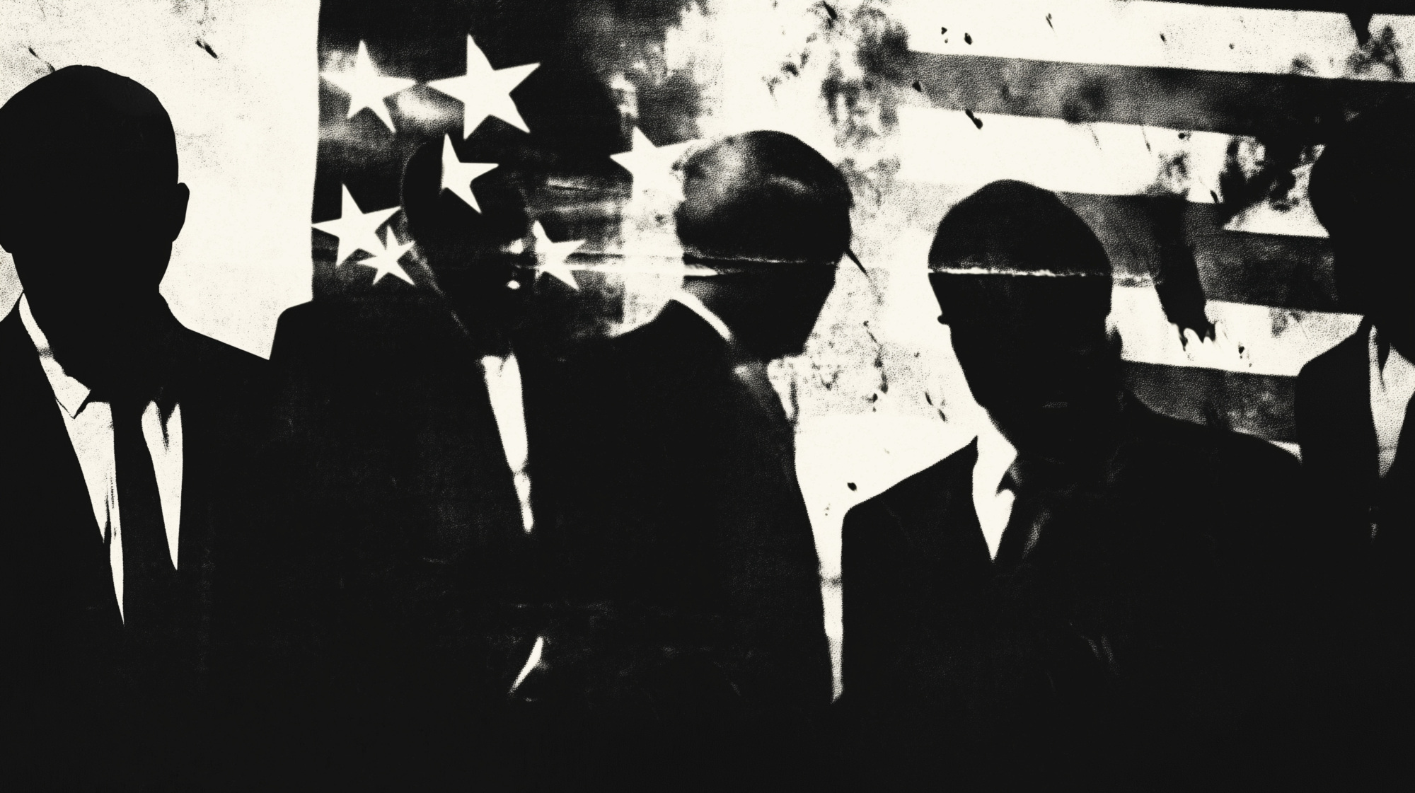 Five silhouetted men in suits standing in front of American flag